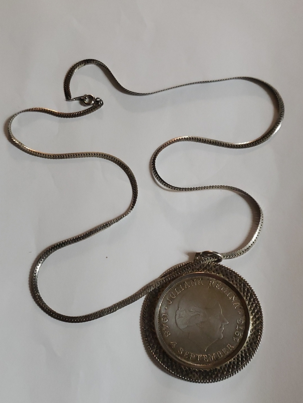 Vintage 1973 Netherlands 10 Gulden Commemorative Silver Coin Pendant Necklace